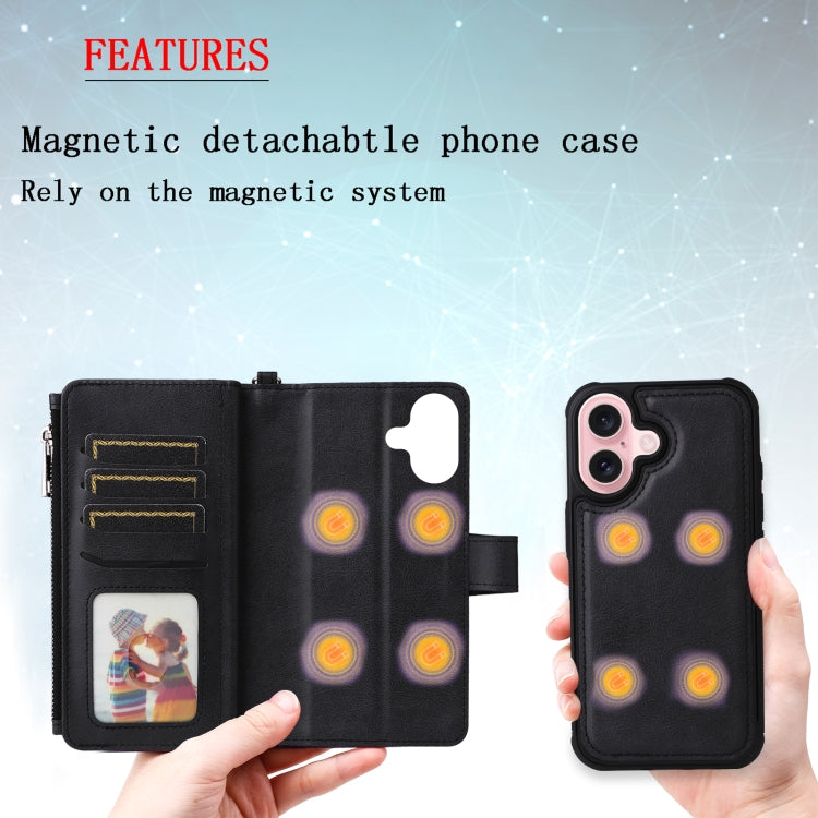 For iPhone 16 Solid Color 2 in 1 Zipper Shockproof Phone Case(Black)