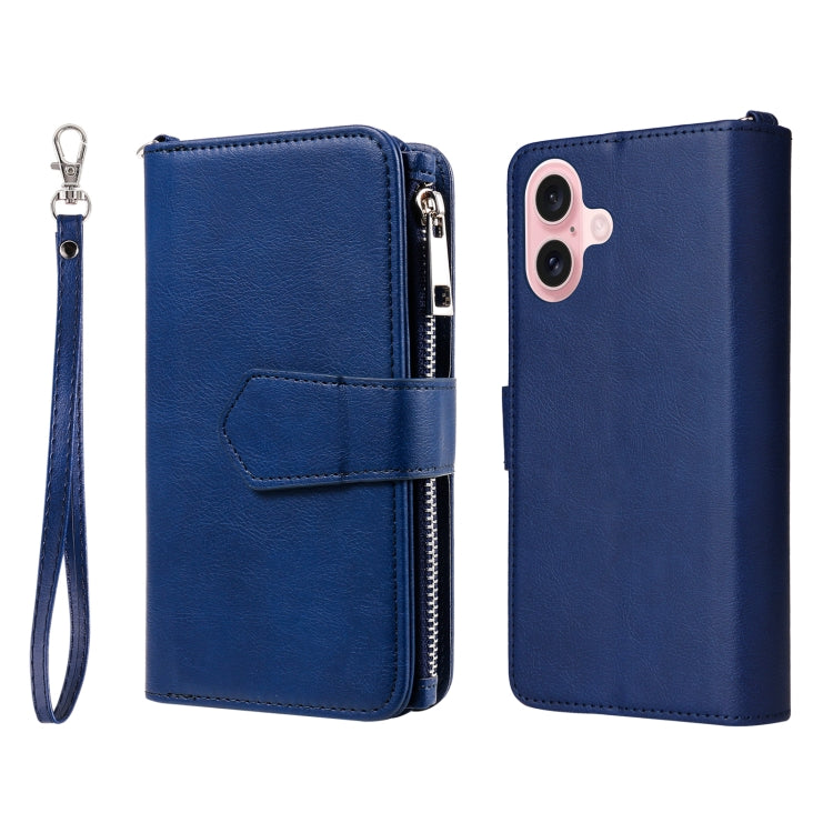 For iPhone 16 Solid Color 2 in 1 Zipper Shockproof Phone Case(Blue)