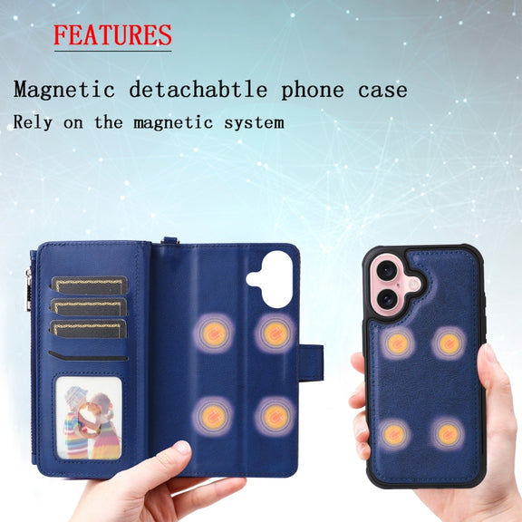For iPhone 16 Solid Color 2 in 1 Zipper Shockproof Phone Case(Blue)