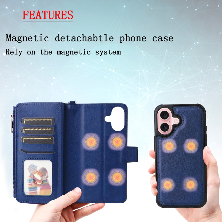 For iPhone 16 Solid Color 2 in 1 Zipper Shockproof Phone Case(Blue)