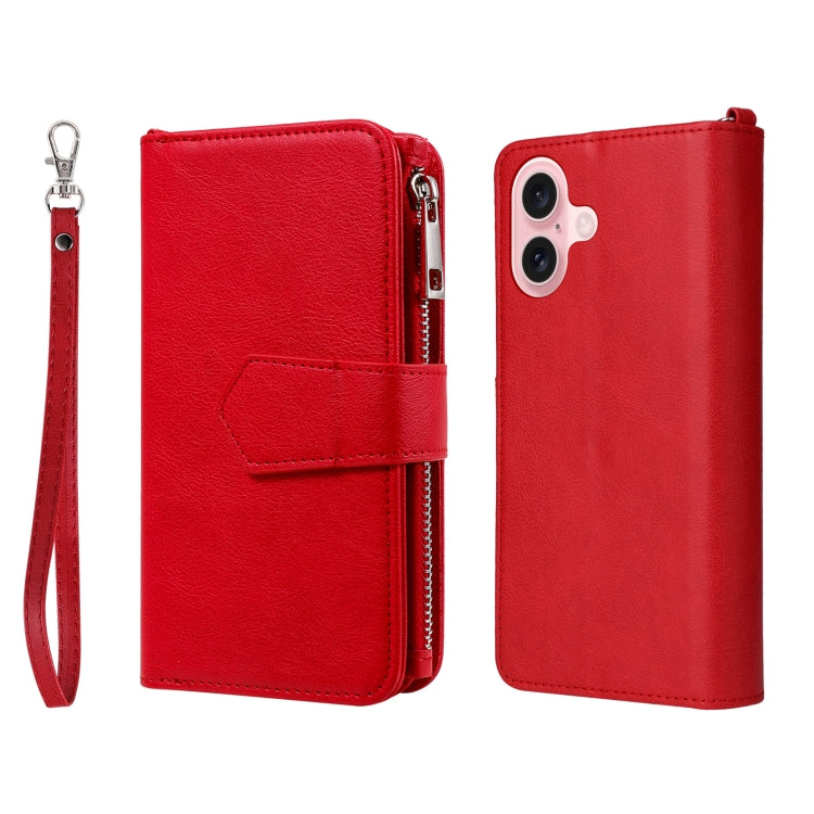 For iPhone 16 Solid Color 2 in 1 Zipper Shockproof Phone Case(Red)