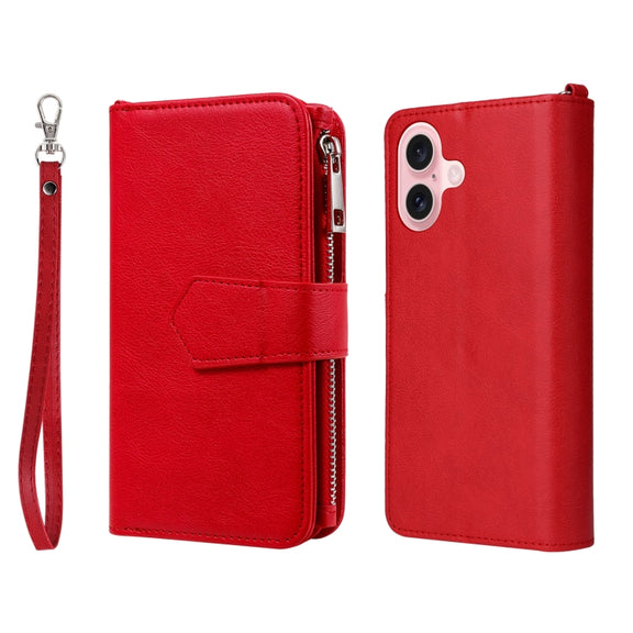 For iPhone 16 Solid Color 2 in 1 Zipper Shockproof Phone Case(Red)