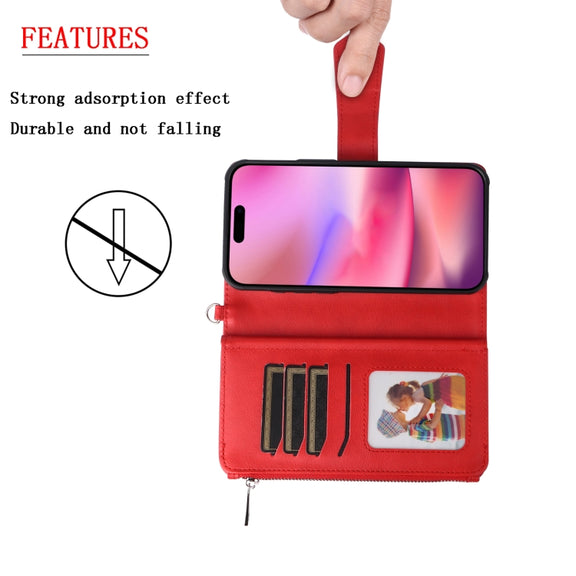 For iPhone 16 Solid Color 2 in 1 Zipper Shockproof Phone Case(Red)