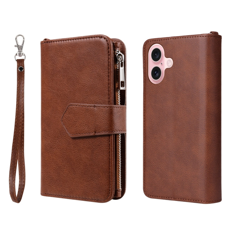 For iPhone 16 Solid Color 2 in 1 Zipper Shockproof Phone Case(Brown)