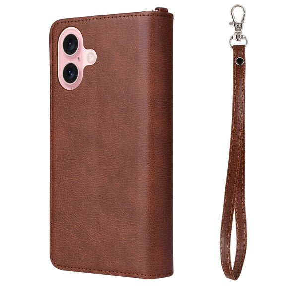 For iPhone 16 Solid Color 2 in 1 Zipper Shockproof Phone Case(Brown)