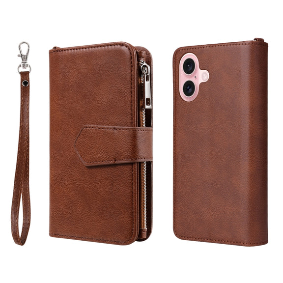 For iPhone 16 Solid Color 2 in 1 Zipper Shockproof Phone Case(Brown)