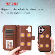 For iPhone 16 Solid Color 2 in 1 Zipper Shockproof Phone Case(Brown)