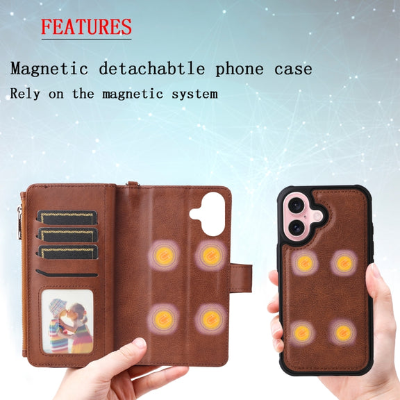 For iPhone 16 Solid Color 2 in 1 Zipper Shockproof Phone Case(Brown)