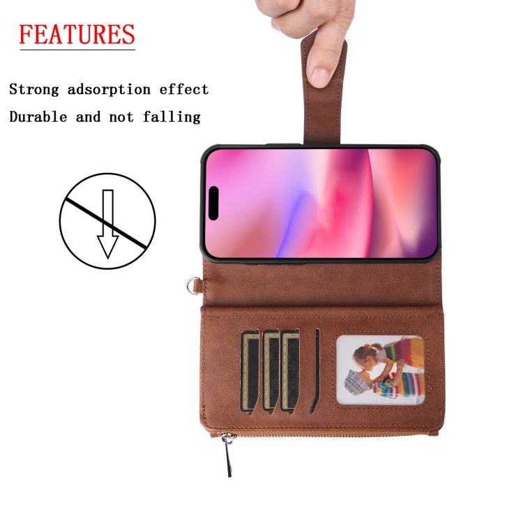 For iPhone 16 Solid Color 2 in 1 Zipper Shockproof Phone Case(Brown)