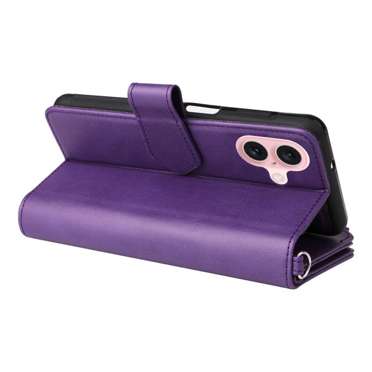 For iPhone 16 Solid Color 2 in 1 Zipper Shockproof Phone Case(Purple)