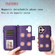 For iPhone 16 Solid Color 2 in 1 Zipper Shockproof Phone Case(Purple)