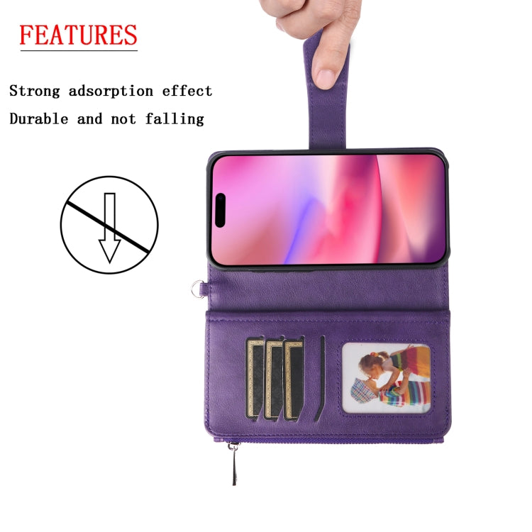For iPhone 16 Solid Color 2 in 1 Zipper Shockproof Phone Case(Purple)