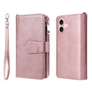 For iPhone 16 Solid Color 2 in 1 Zipper Shockproof Phone Case(Rose Gold)