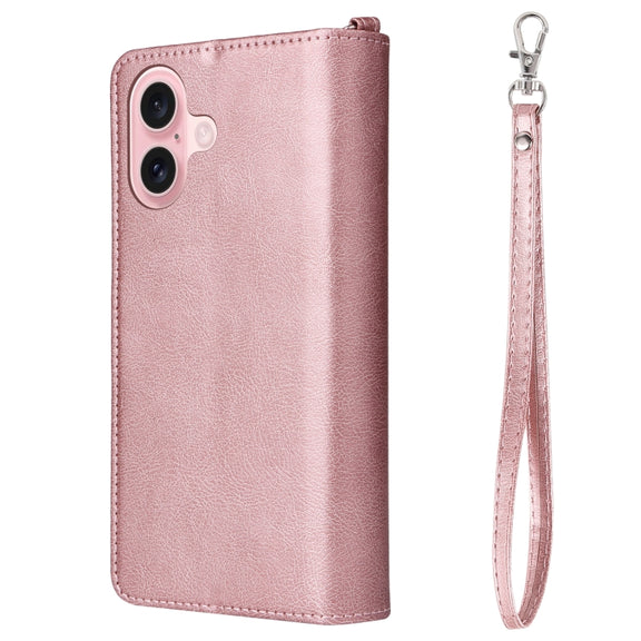 For iPhone 16 Solid Color 2 in 1 Zipper Shockproof Phone Case(Rose Gold)