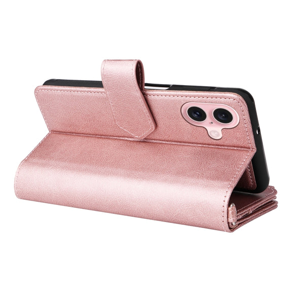 For iPhone 16 Solid Color 2 in 1 Zipper Shockproof Phone Case(Rose Gold)