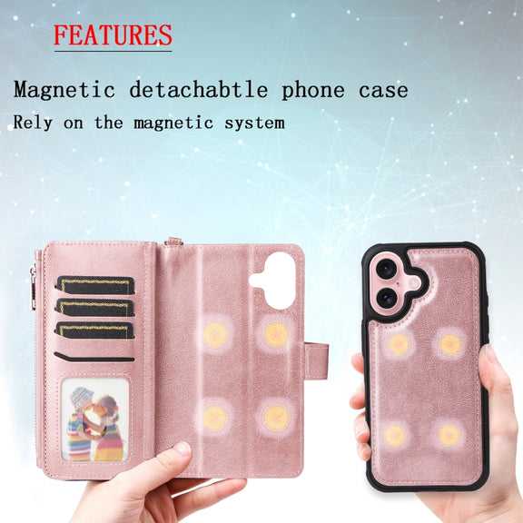 For iPhone 16 Solid Color 2 in 1 Zipper Shockproof Phone Case(Rose Gold)
