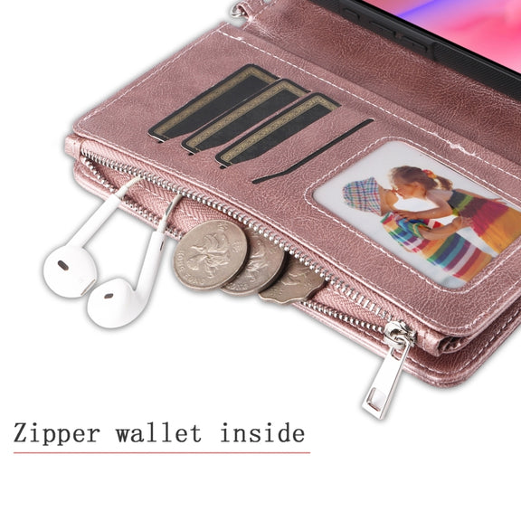 For iPhone 16 Solid Color 2 in 1 Zipper Shockproof Phone Case(Rose Gold)