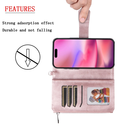 For iPhone 16 Solid Color 2 in 1 Zipper Shockproof Phone Case(Rose Gold)