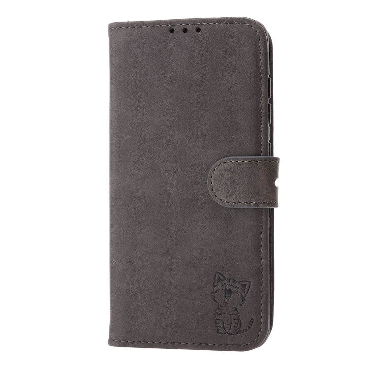 For Samsung Galaxy S25 5G Embossed Happy Cat Pattern Flip Leather Phone Case(Grey)