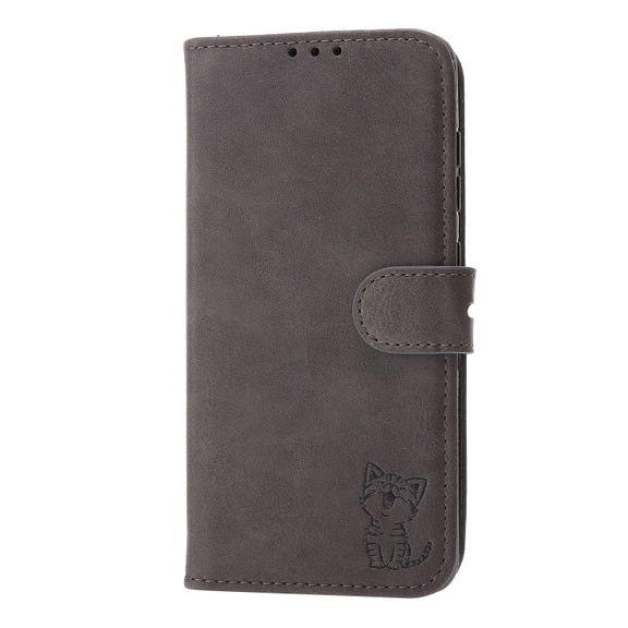 For Samsung Galaxy S25 5G Embossed Happy Cat Pattern Flip Leather Phone Case(Grey)