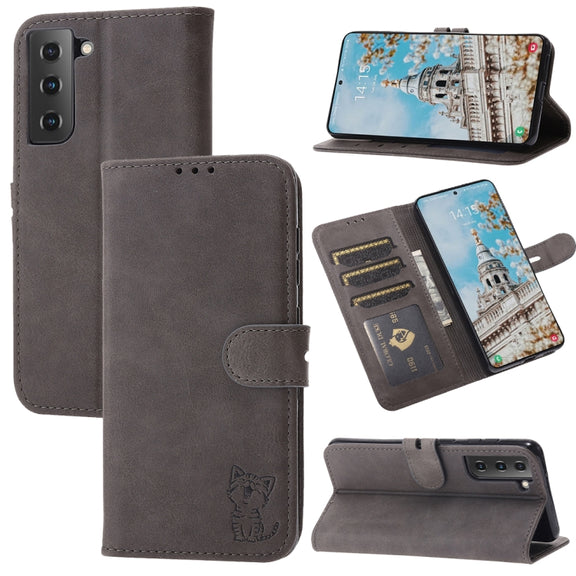 For Samsung Galaxy S25 5G Embossed Happy Cat Pattern Flip Leather Phone Case(Grey)