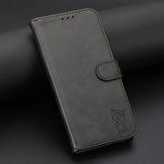For Samsung Galaxy S25 5G Embossed Happy Cat Pattern Flip Leather Phone Case(Black)