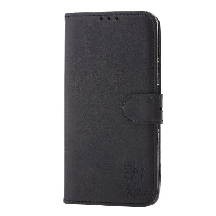 For Samsung Galaxy S25 5G Embossed Happy Cat Pattern Flip Leather Phone Case(Black)