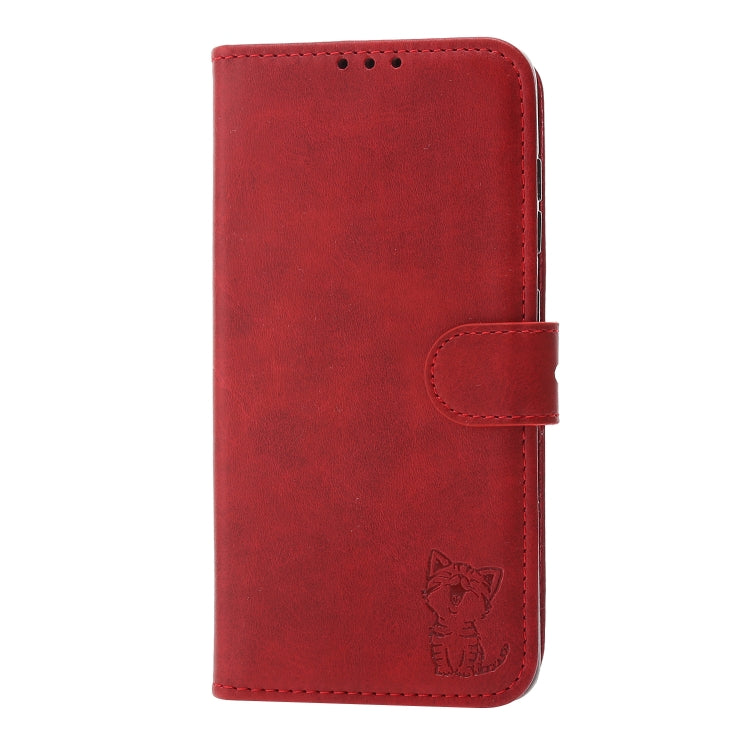 For Samsung Galaxy S25+ 5G Embossed Happy Cat Pattern Flip Leather Phone Case(Red)