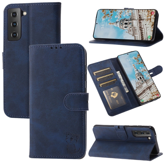 For Samsung Galaxy S25+ 5G Embossed Happy Cat Pattern Flip Leather Phone Case(Blue)