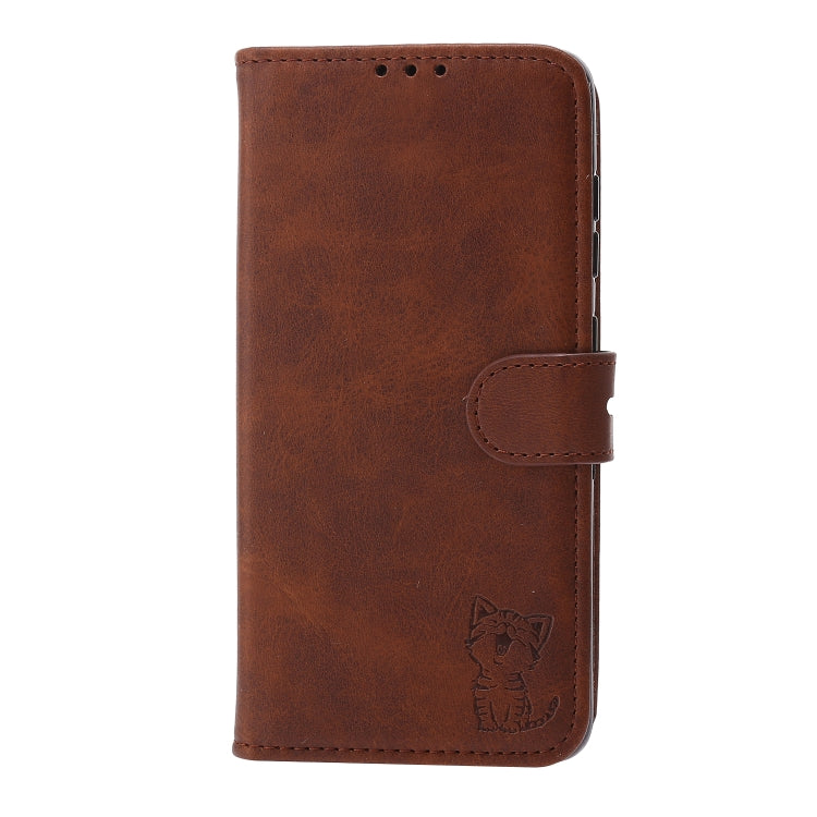 For Samsung Galaxy S25+ 5G Embossed Happy Cat Pattern Flip Leather Phone Case(Brown)