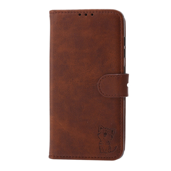 For Samsung Galaxy S25+ 5G Embossed Happy Cat Pattern Flip Leather Phone Case(Brown)