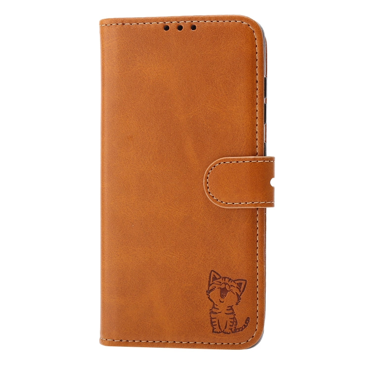 For Samsung Galaxy S25+ 5G Embossed Happy Cat Pattern Flip Leather Phone Case(Yellow)