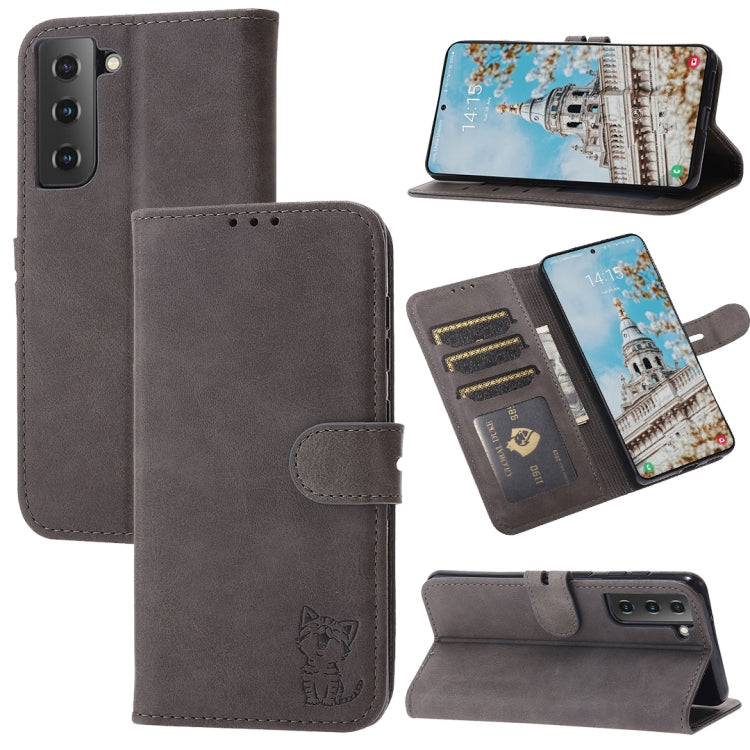 For Samsung Galaxy S25+ 5G Embossed Happy Cat Pattern Flip Leather Phone Case(Grey)