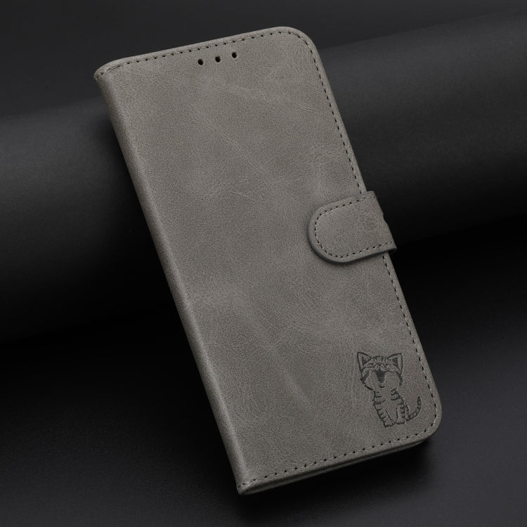 For Samsung Galaxy S25+ 5G Embossed Happy Cat Pattern Flip Leather Phone Case(Grey)