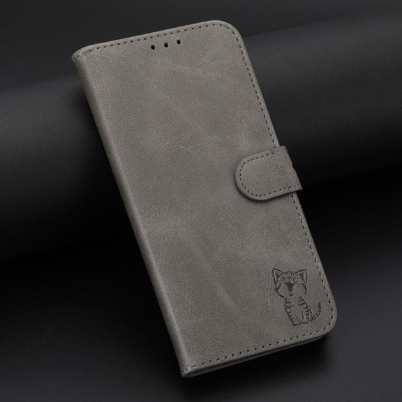 For Samsung Galaxy S25+ 5G Embossed Happy Cat Pattern Flip Leather Phone Case(Grey)