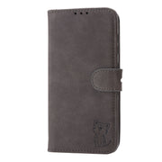 For Samsung Galaxy S25+ 5G Embossed Happy Cat Pattern Flip Leather Phone Case(Grey)