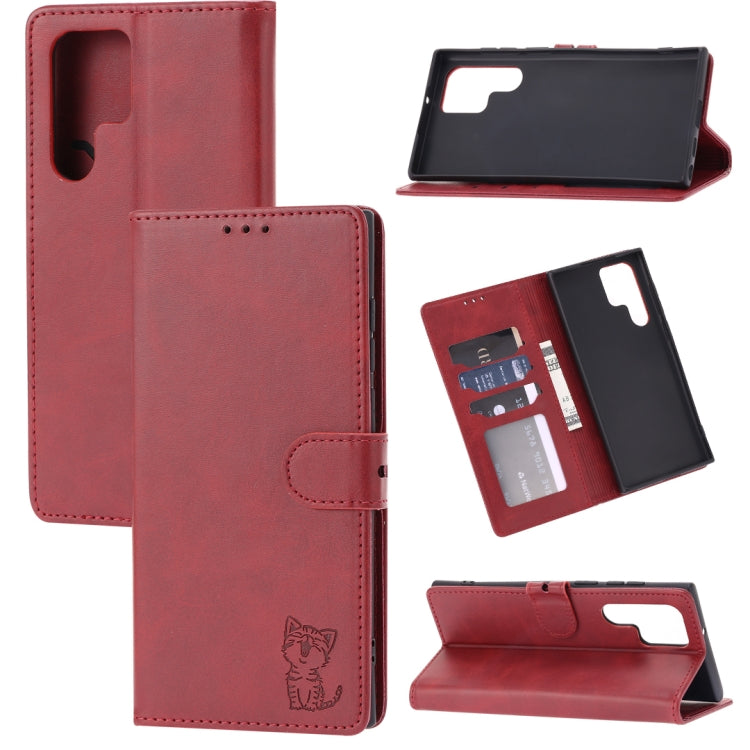 For Samsung Galaxy S25 Ultra 5G Embossed Happy Cat Pattern Flip Leather Phone Case(Red)