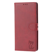 For Samsung Galaxy S25 Ultra 5G Embossed Happy Cat Pattern Flip Leather Phone Case(Red)
