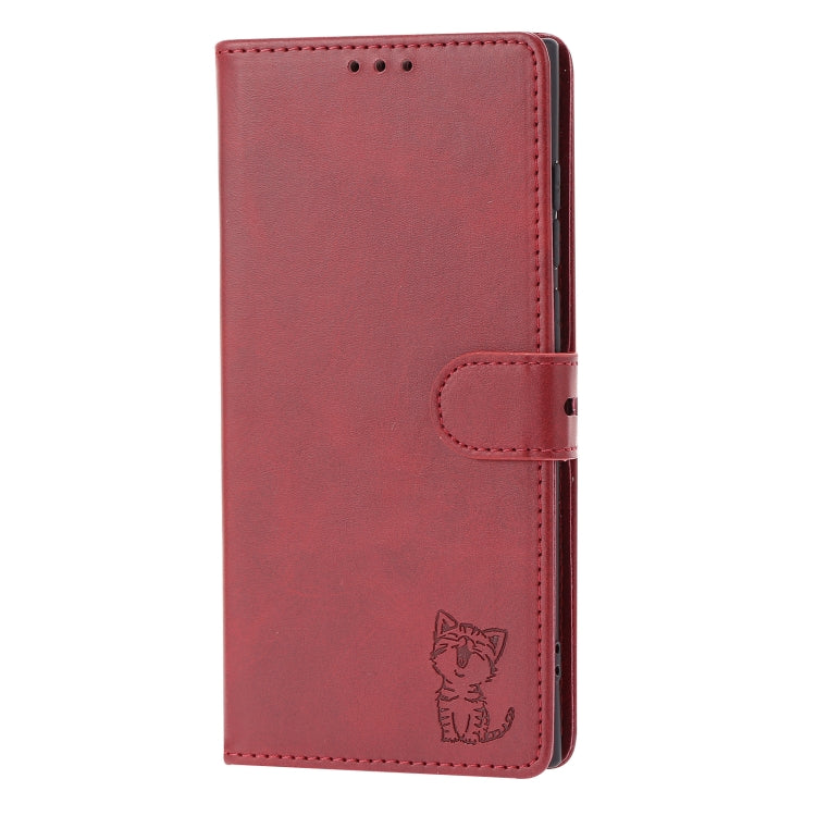 For Samsung Galaxy S25 Ultra 5G Embossed Happy Cat Pattern Flip Leather Phone Case(Red)