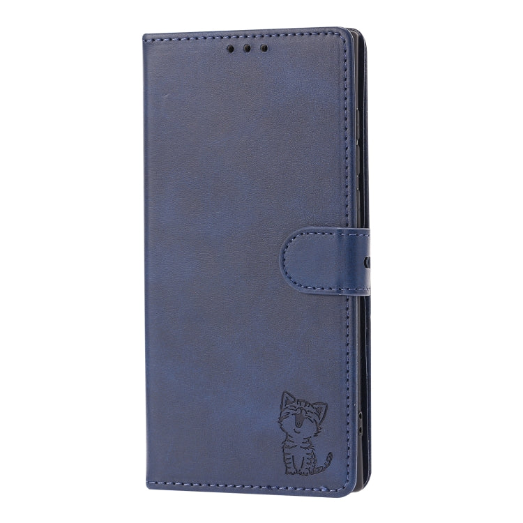 For Samsung Galaxy S25 Ultra 5G Embossed Happy Cat Pattern Flip Leather Phone Case(Blue)