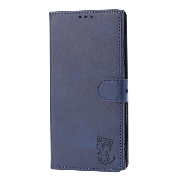 For Samsung Galaxy S25 Ultra 5G Embossed Happy Cat Pattern Flip Leather Phone Case(Blue)