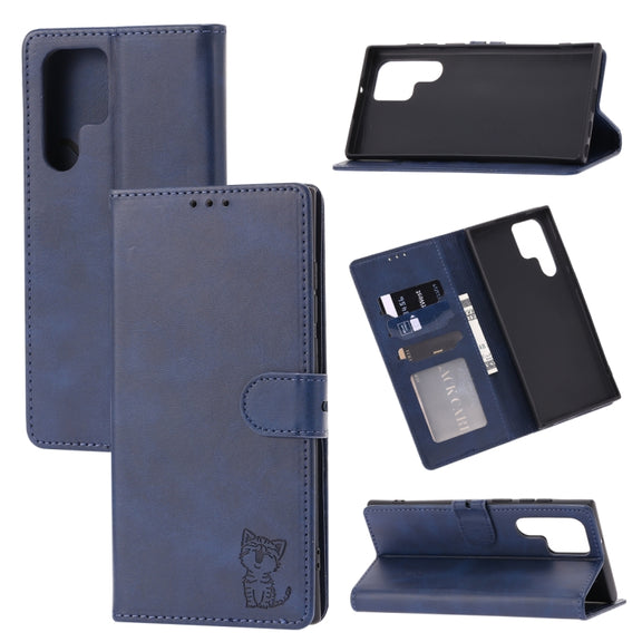 For Samsung Galaxy S25 Ultra 5G Embossed Happy Cat Pattern Flip Leather Phone Case(Blue)