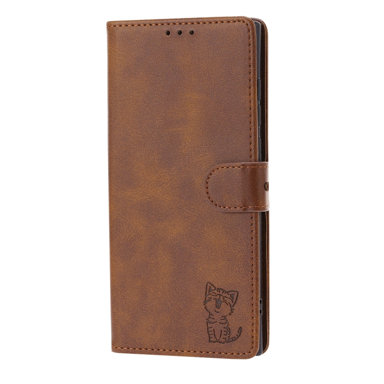 For Samsung Galaxy S25 Ultra 5G Embossed Happy Cat Pattern Flip Leather Phone Case(Brown)