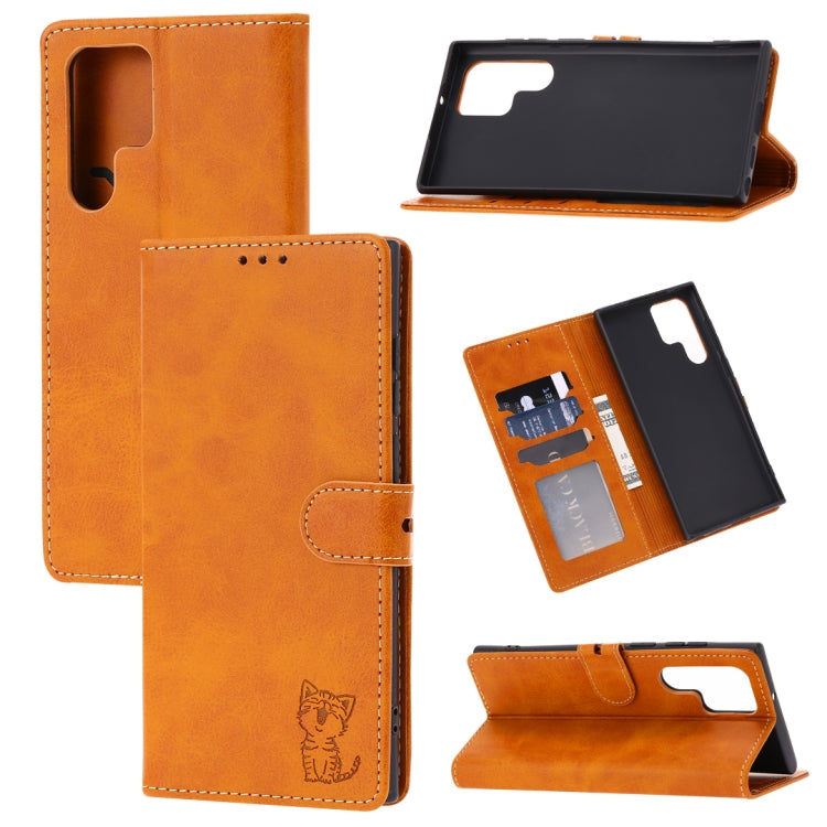 For Samsung Galaxy S25 Ultra 5G Embossed Happy Cat Pattern Flip Leather Phone Case(Yellow)