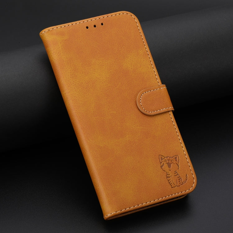 For Samsung Galaxy S25 Ultra 5G Embossed Happy Cat Pattern Flip Leather Phone Case(Yellow)
