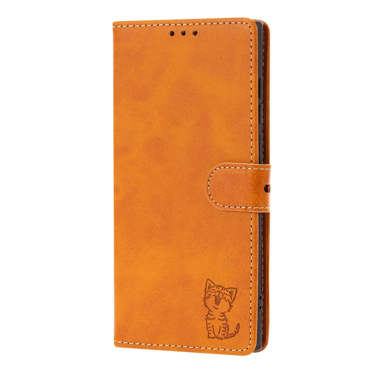 For Samsung Galaxy S25 Ultra 5G Embossed Happy Cat Pattern Flip Leather Phone Case(Yellow)