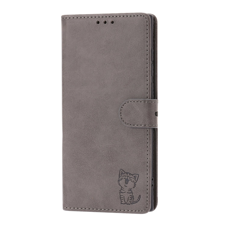 For Samsung Galaxy S25 Ultra 5G Embossed Happy Cat Pattern Flip Leather Phone Case(Grey)