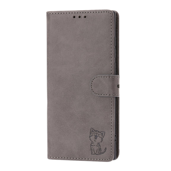 For Samsung Galaxy S25 Ultra 5G Embossed Happy Cat Pattern Flip Leather Phone Case(Grey)