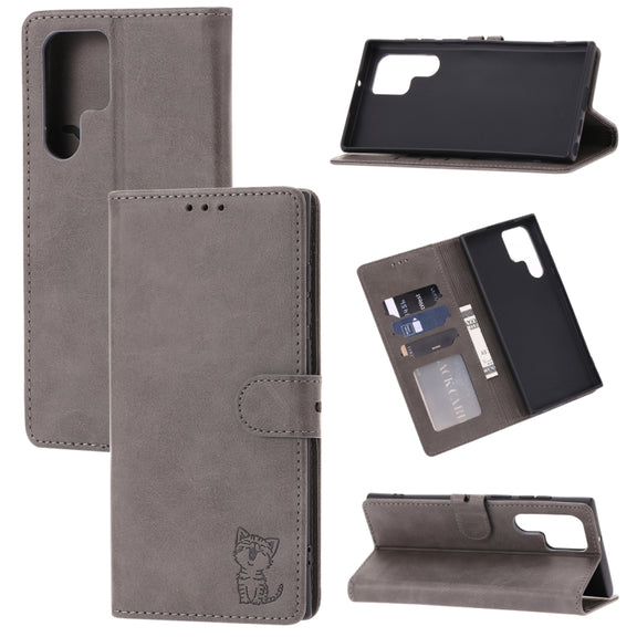 For Samsung Galaxy S25 Ultra 5G Embossed Happy Cat Pattern Flip Leather Phone Case(Grey)