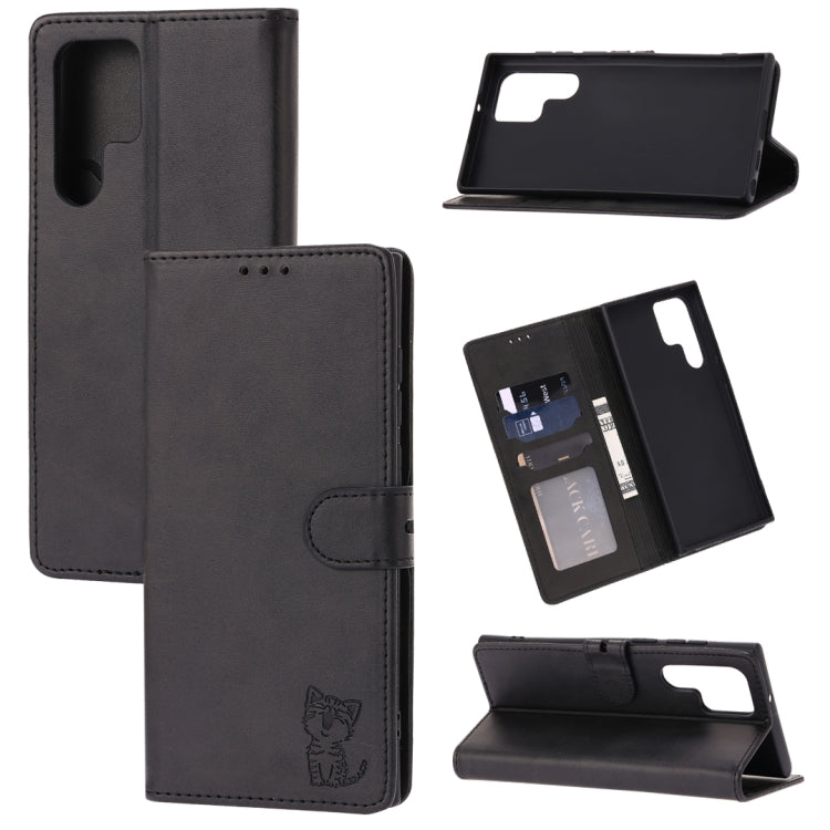 For Samsung Galaxy S25 Ultra 5G Embossed Happy Cat Pattern Flip Leather Phone Case(Black)